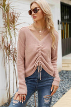 Load image into Gallery viewer, Waffle-Knit Drawstring Detail V-Neck Sweater
