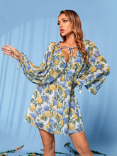 Load image into Gallery viewer, Floral Tie Front Deep V Split Sleeve Dress
