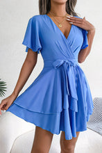 Load image into Gallery viewer, Tie Waist Flutter Sleeve Ruffled Dress

