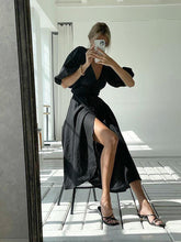 Load image into Gallery viewer, Surplice Balloon Sleeves Tied Dress
