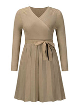 Load image into Gallery viewer, Surplice Neck Tie Front Pleated Sweater Dress
