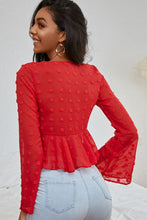 Load image into Gallery viewer, Swiss Dot Drawstring Detail Flare Sleeve Peplum Top
