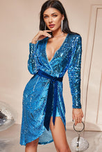 Load image into Gallery viewer, Sequined Tie-Waist Plunge Wrap Dress
