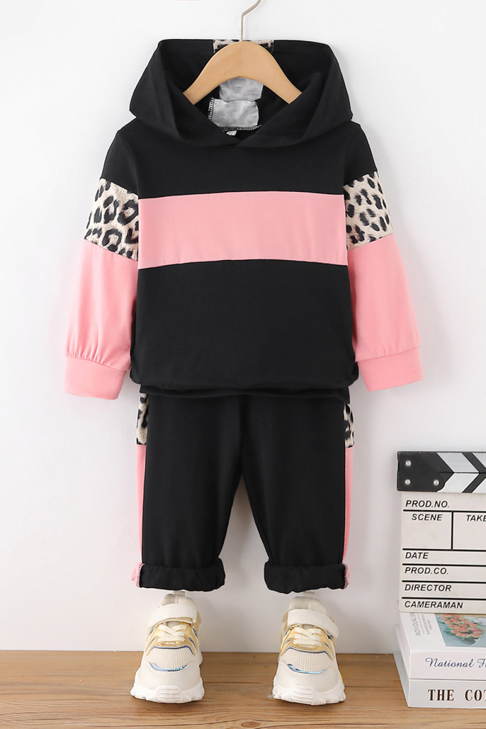 Girls Leopard Color Block Hoodie and Pants Set