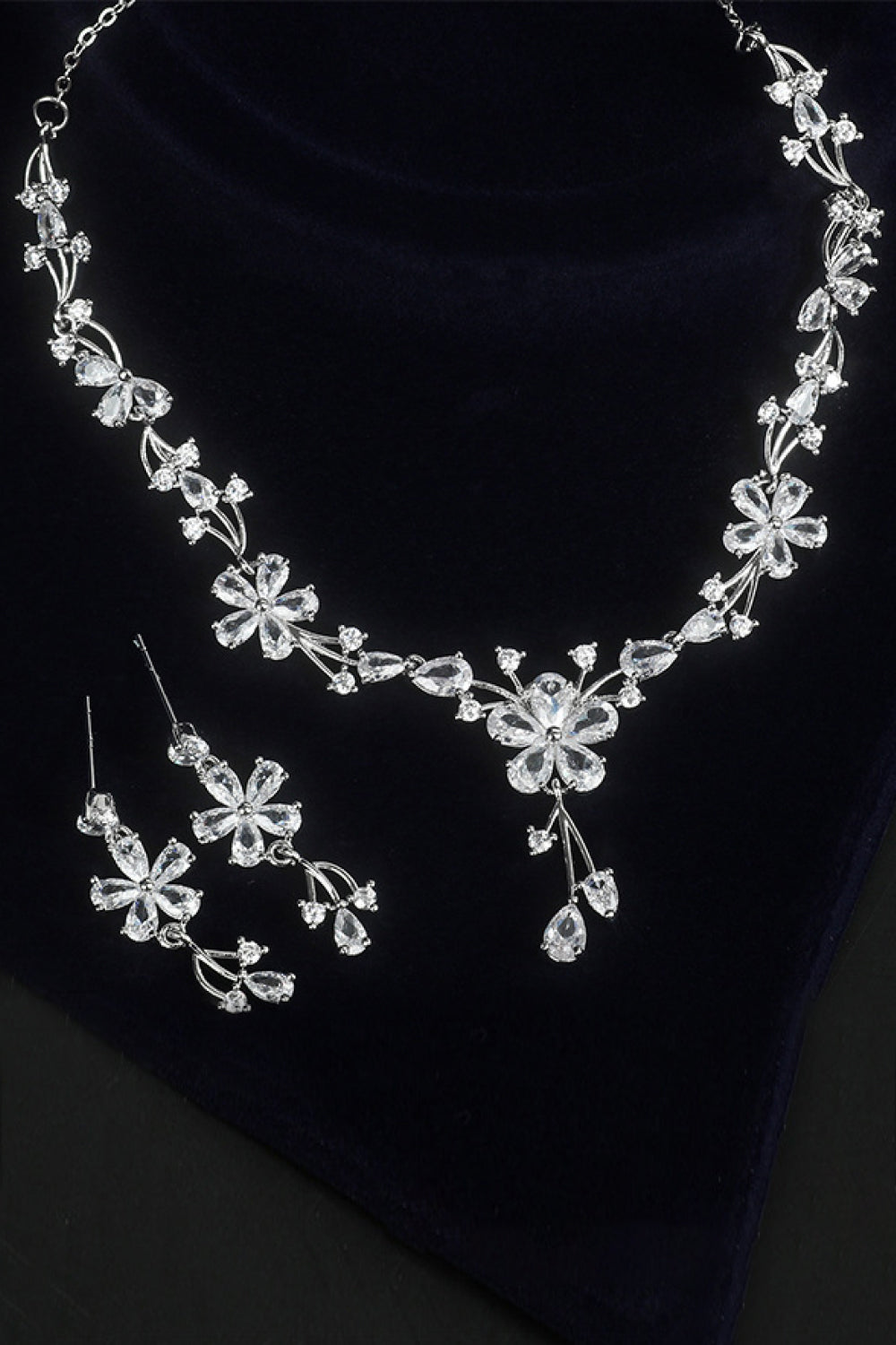 Flower Cubic Zirconia Necklace and Drop Earrings Set