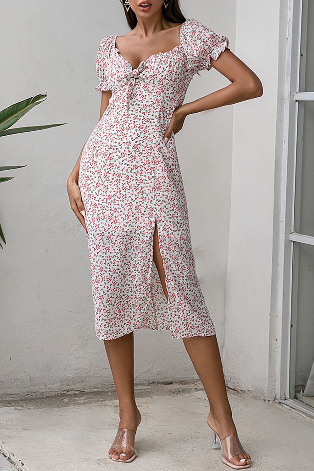 Ditsy Floral Puff Sleeve Slit Dress