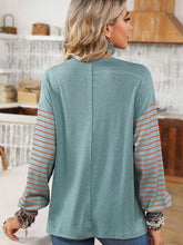 Load image into Gallery viewer, Round Neck Striped Long Sleeve Slit T-Shirt
