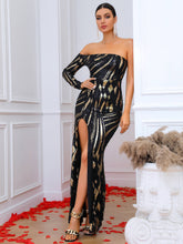 Load image into Gallery viewer, Strapless Contrast Sequin One Sleeve Split Dress
