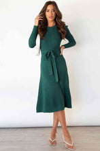Load image into Gallery viewer, Round Neck Long Sleeve Tie Waist Sweater Dress

