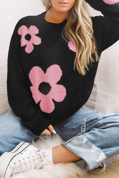 Round Neck Floral Pattern Color Contrast  Design Long Sleeve Sweater