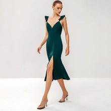 Load image into Gallery viewer, Ruffle Shoulder Tie-Back Split Sheath Dress
