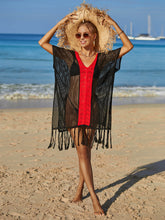 Load image into Gallery viewer, Contrast Fringe Trim Openwork Cover-Up Dress
