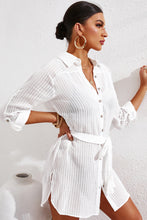 Load image into Gallery viewer, Pinstripe Tie Wiast Slit Shirt Dress
