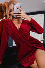 Load image into Gallery viewer, Ruched Twist Front Surplice Mini Velvet Dress
