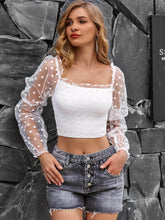 Load image into Gallery viewer, Smocked Frill Trim Spliced Mesh Cropped Top
