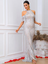 Load image into Gallery viewer, Sequin Cold-Shoulder Fringe Detail Dress
