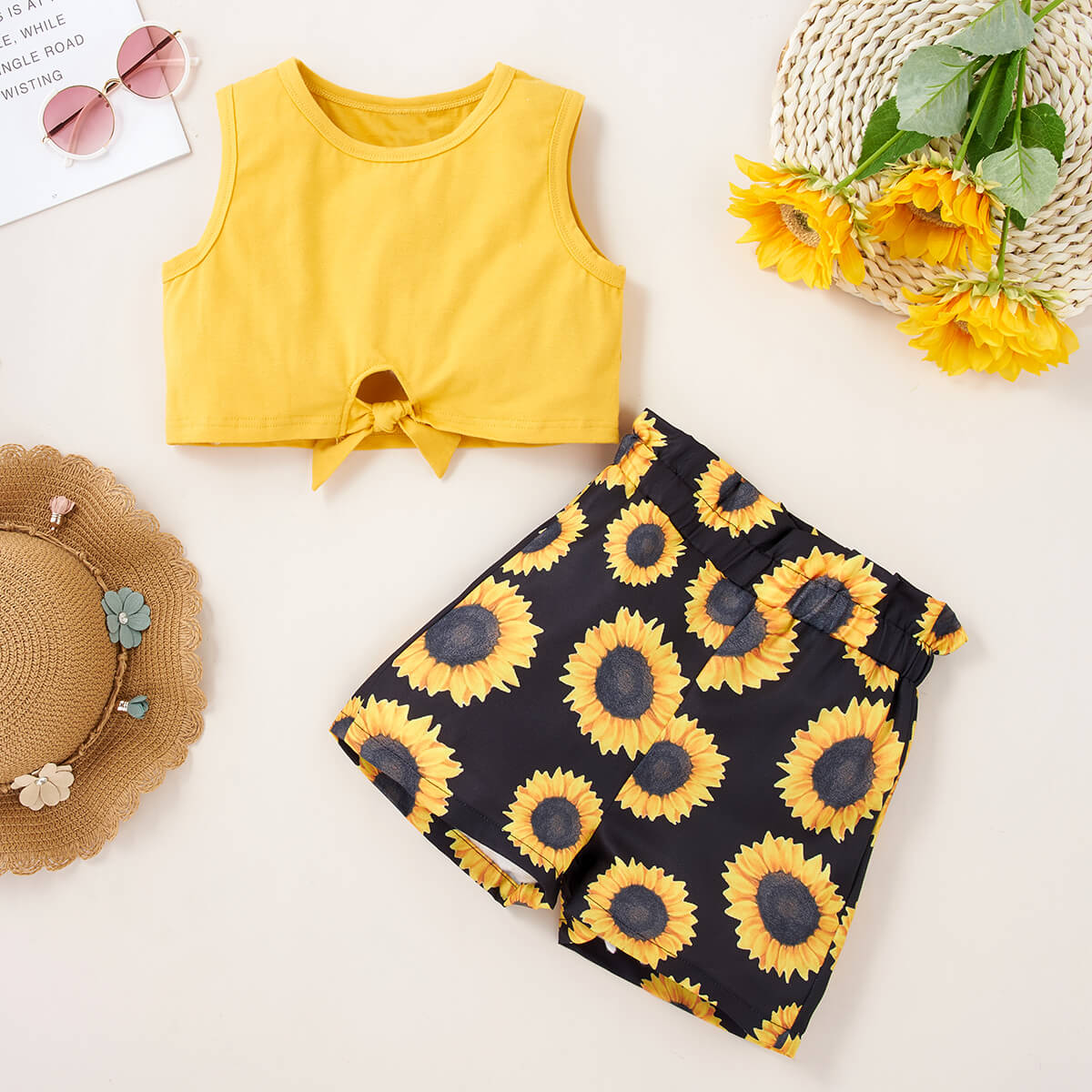 Girls Cropped Tank and Sunflower Print Shorts Set