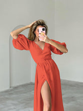 Load image into Gallery viewer, Surplice Balloon Sleeves Tied Dress

