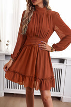 Load image into Gallery viewer, Frill Ruched Mock Neck Balloon Sleeve Dress
