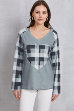 Load image into Gallery viewer, Pearl Detail Plaid V-Neck T-Shirt
