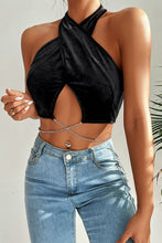 Load image into Gallery viewer, Chain Detail Halter Neck Velvet Cropped Top
