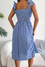 Load image into Gallery viewer, Plaid Tie Shoulder Frill Trim Midi Dress
