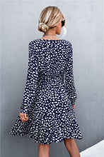Load image into Gallery viewer, Printed V-Neck Tie Belt Ruffle Hem Mini Dress

