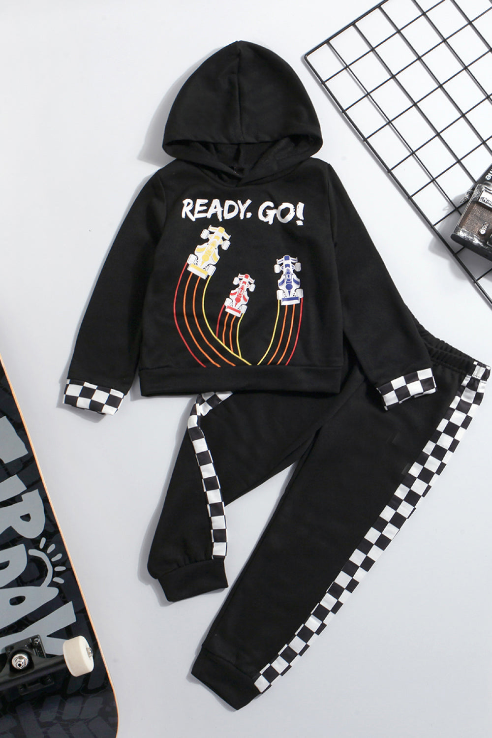 Boys F1 Graphic Hoodie and Side Gingham Pants Set