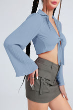 Load image into Gallery viewer, Tie Front Johnny Collar Flare Sleeve Cropped Top
