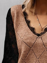 Load image into Gallery viewer, Lace Decor V Neck Two Tone Sweater
