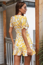 Load image into Gallery viewer, Printed Deep V Gathered Short Sleeve Mini Dress

