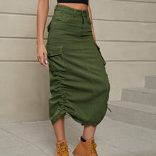 Load image into Gallery viewer, Drawstring Ruched Slit Denim Midi Skirt
