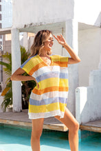 Load image into Gallery viewer, Openwork Striped V-Neck Short Sleeve Cover Up
