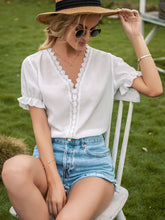 Load image into Gallery viewer, Flounce Cuff Lace Trim V-Neck Blouse
