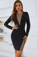 Load image into Gallery viewer, Rhinestone Spliced Mesh Long Sleeve Bodycon Dress
