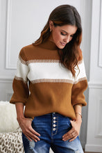 Load image into Gallery viewer, Color Block High Neck Lantern Sleeve Pullover Sweater
