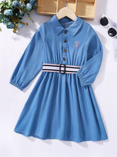 Load image into Gallery viewer, Girls Embroidered Balloon Sleeve Belted Shirt Dress
